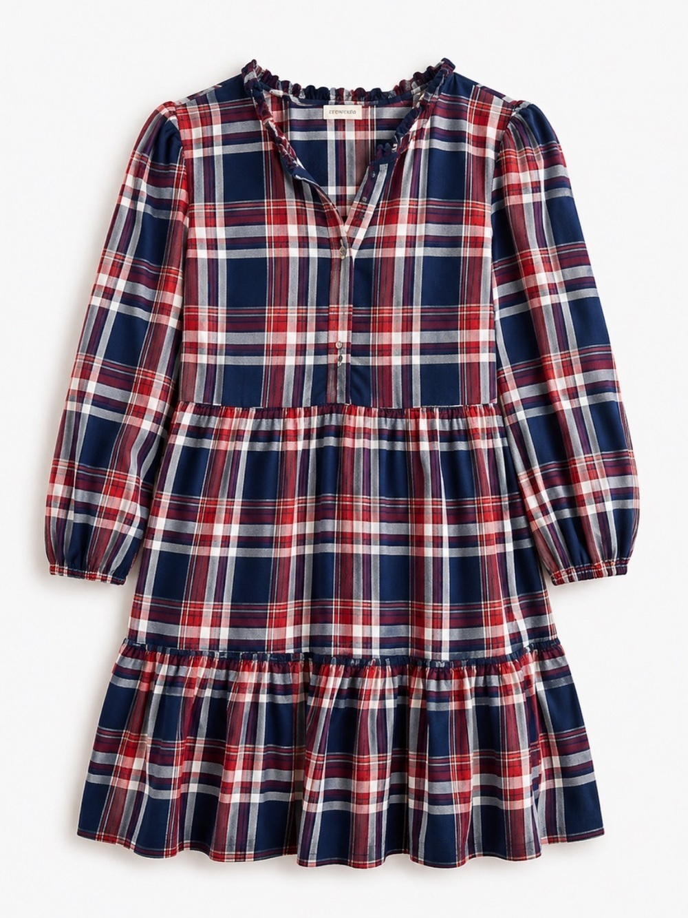 Crewcuts Girls Plaid Tiered Dress Size 14 Red Navy White Ruffle Long Sleeve